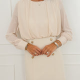 Beige Long Sleeve Golden Button Dress