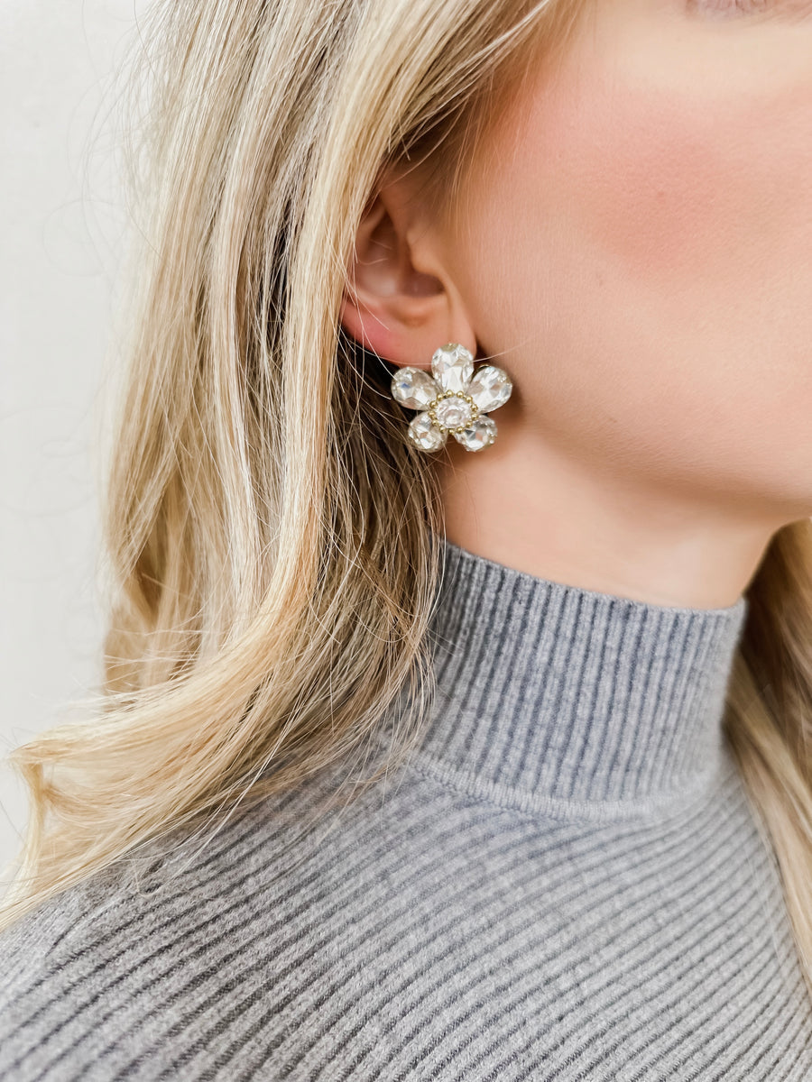 Silver Diamond Big Flower Earrings
