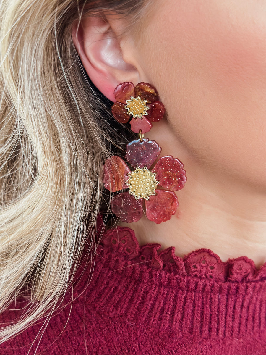Red Wine Double Flower Earrings