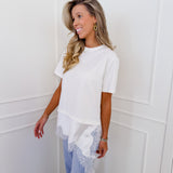 White Asymmetric Lace Trim T-Shirt
