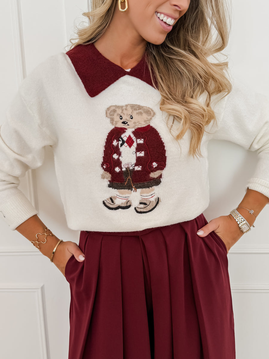 PRE ORDER Crème Bordeaux Collar Bear Sweater