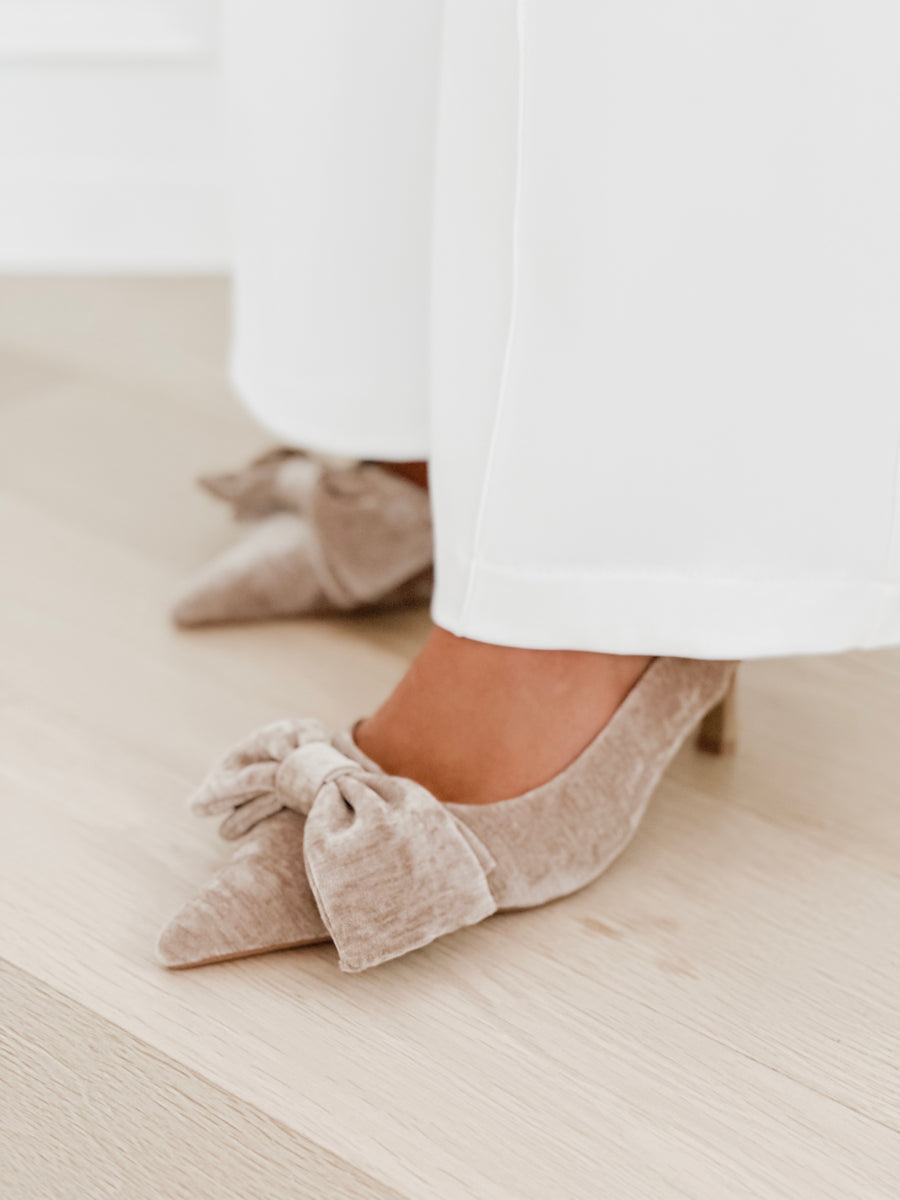 Taupe Suede Bow Heels