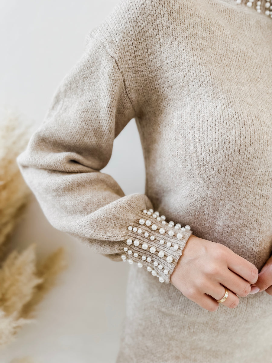 Taupe Pearl Collar Sweater Dress