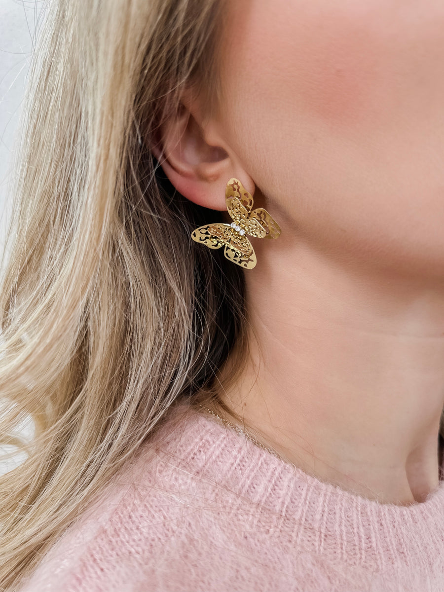 Golden Diamond Detailled Butterfly Earrings