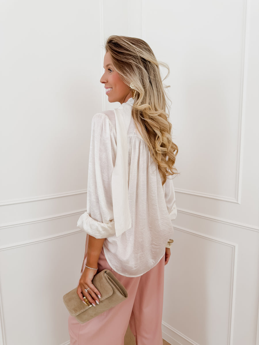 Ivory Satin Front Bow Blouse