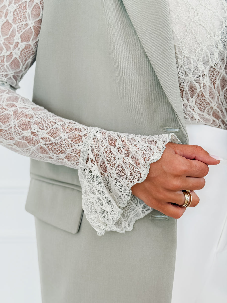 Sage Green Long Sleeve Lace Top
