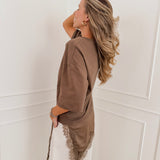 Brown Asymmetric Lace T-Shirt