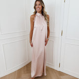 Pink Lace Long Halterneck Bow Dress