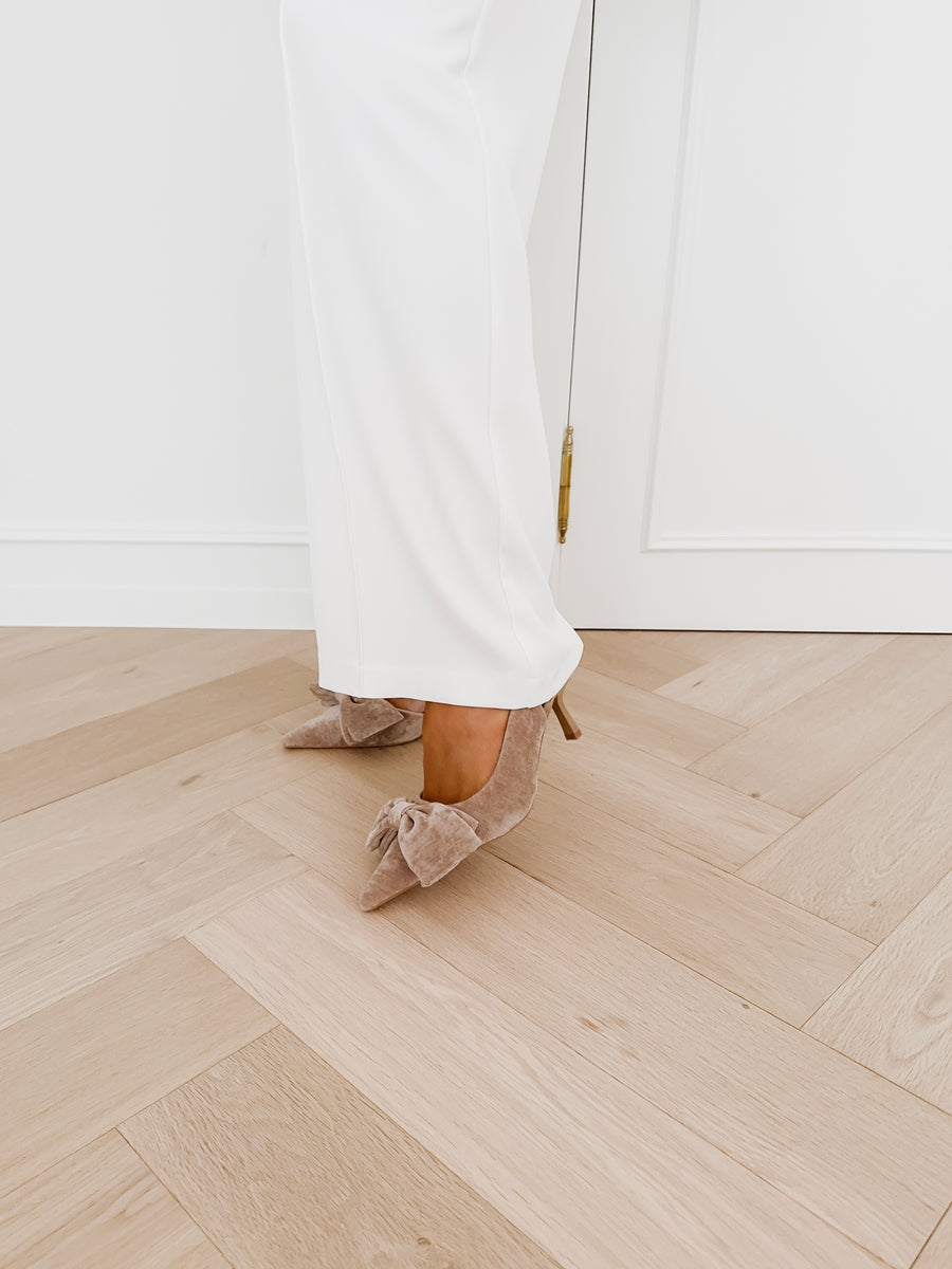 Taupe Suede Bow Heels