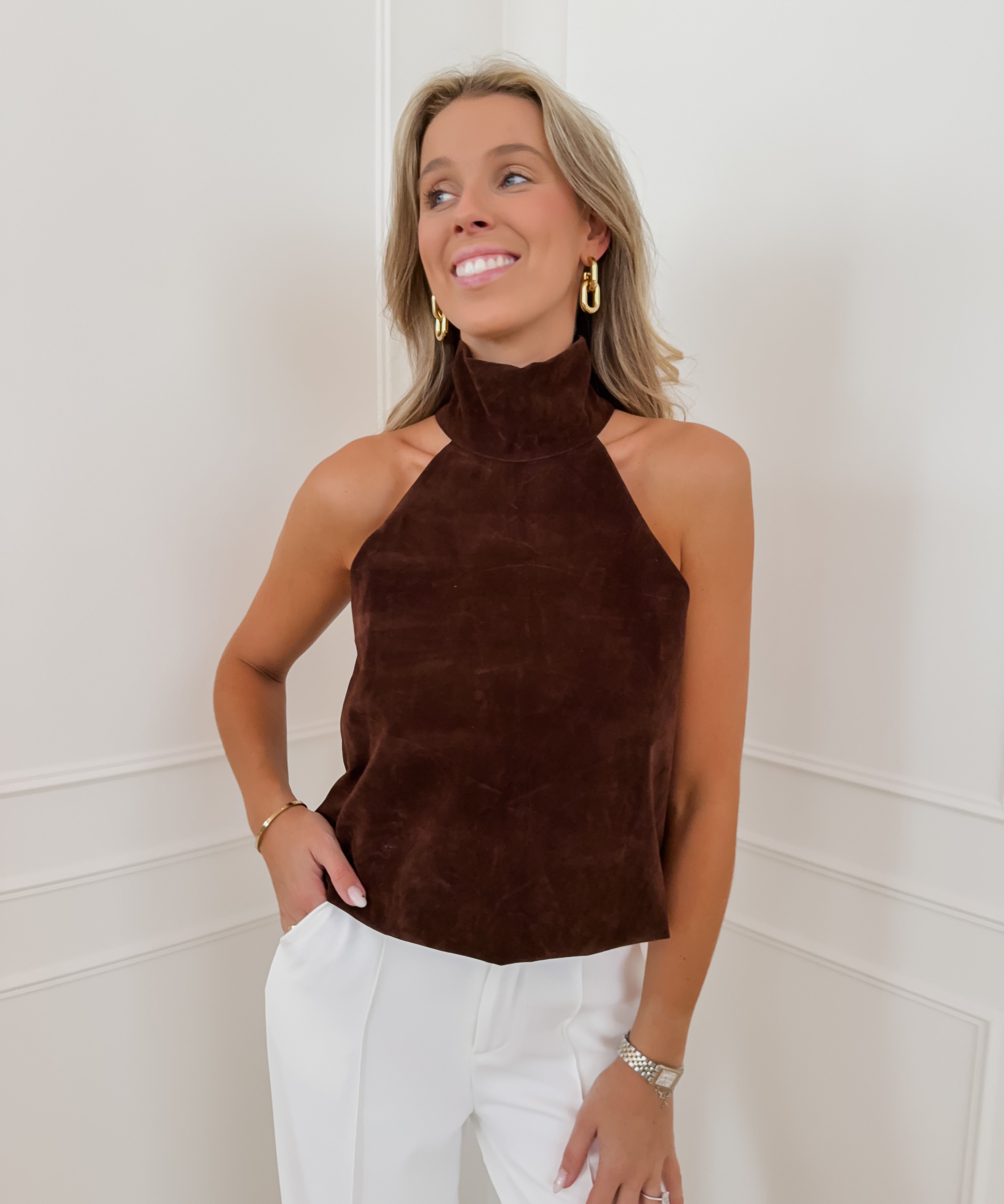 Dark Brown Imani Suede Halterneck Top