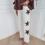 Cream Brown Star Diamond Detail Jeans