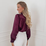 Dark Purple Satin Front Bow Blouse