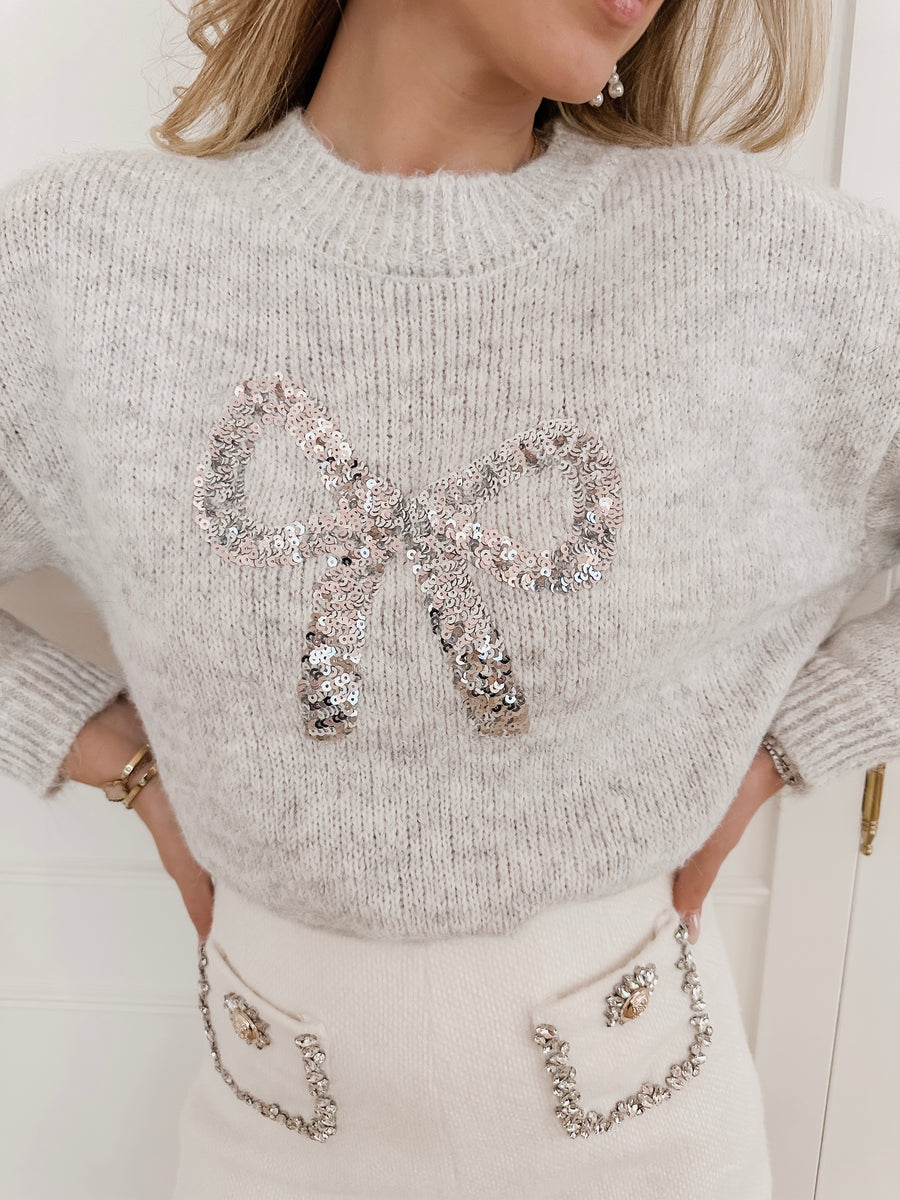 Grey Bow Sequin Sweater