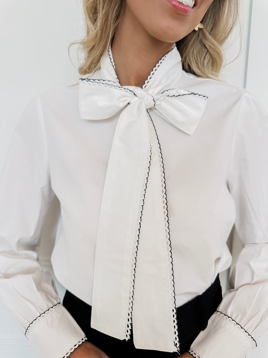 White Black Detail Bow Blouse