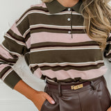 Khaki Pink Brown Striped Mirre Long Sleeve Polo Sweater