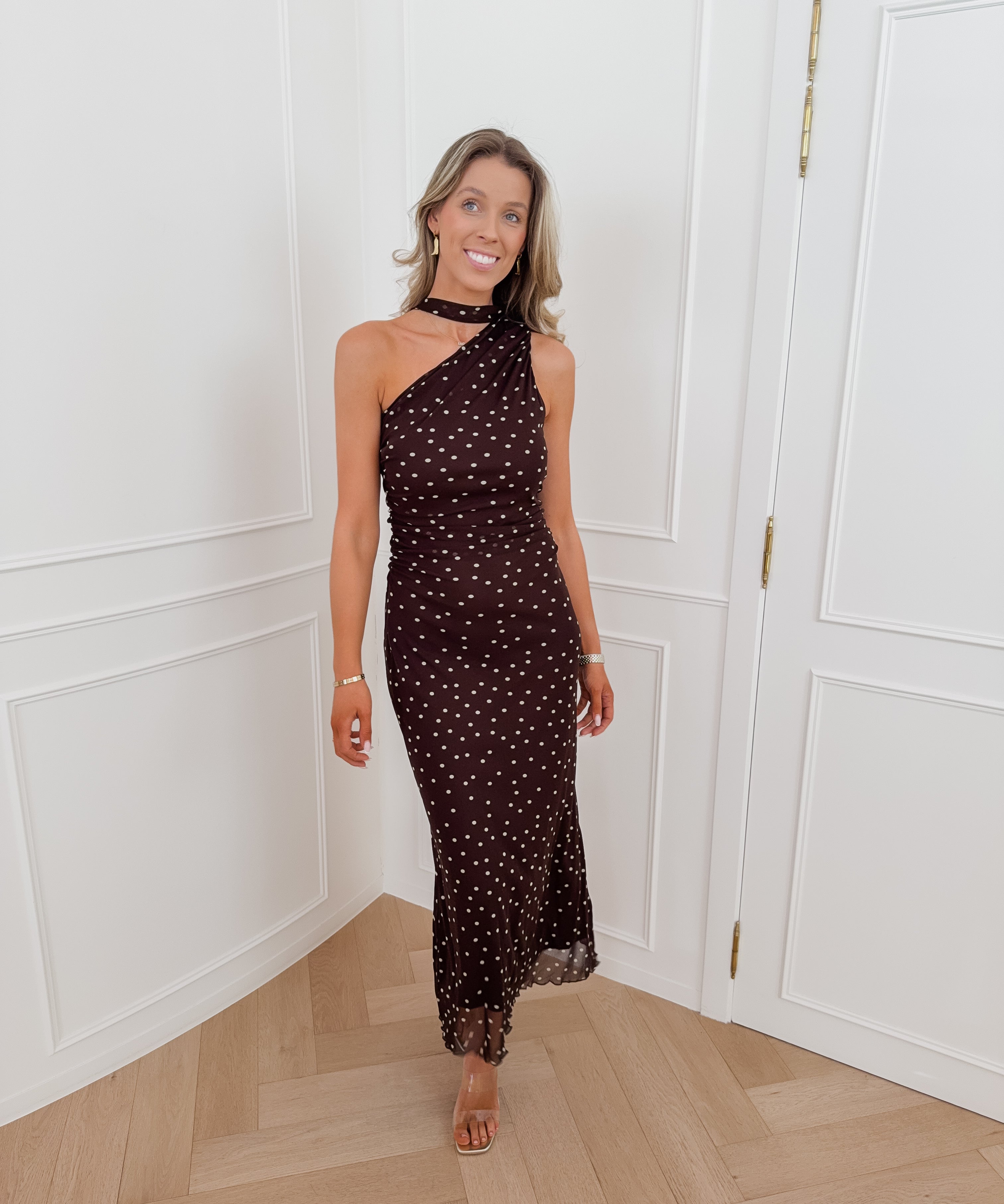 Brown Polka Dots One Shoulder Dress