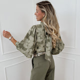 Kaki Flower Bow SHORT SLEEVE Blouse