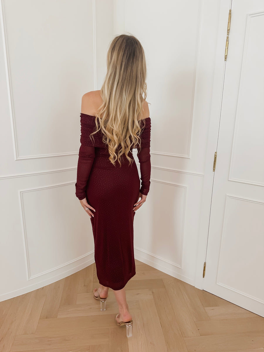 Wine Red Off Shoulder Sparkle Dress