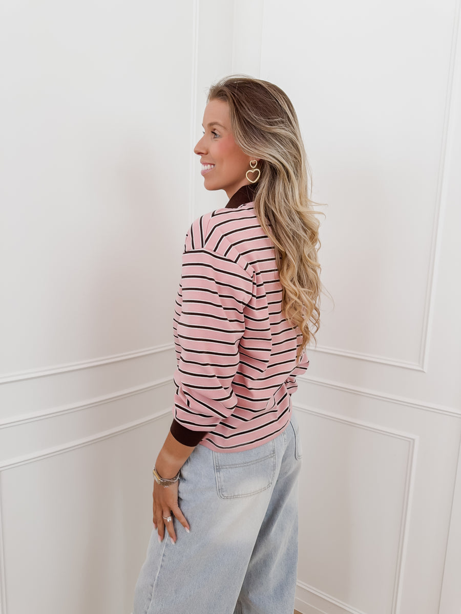 Pink Brown Striped Polo Sweater
