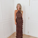 Brown Halterneck Crossed Back Dress