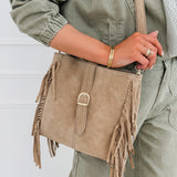 Beige Suede Side Fringe Bag