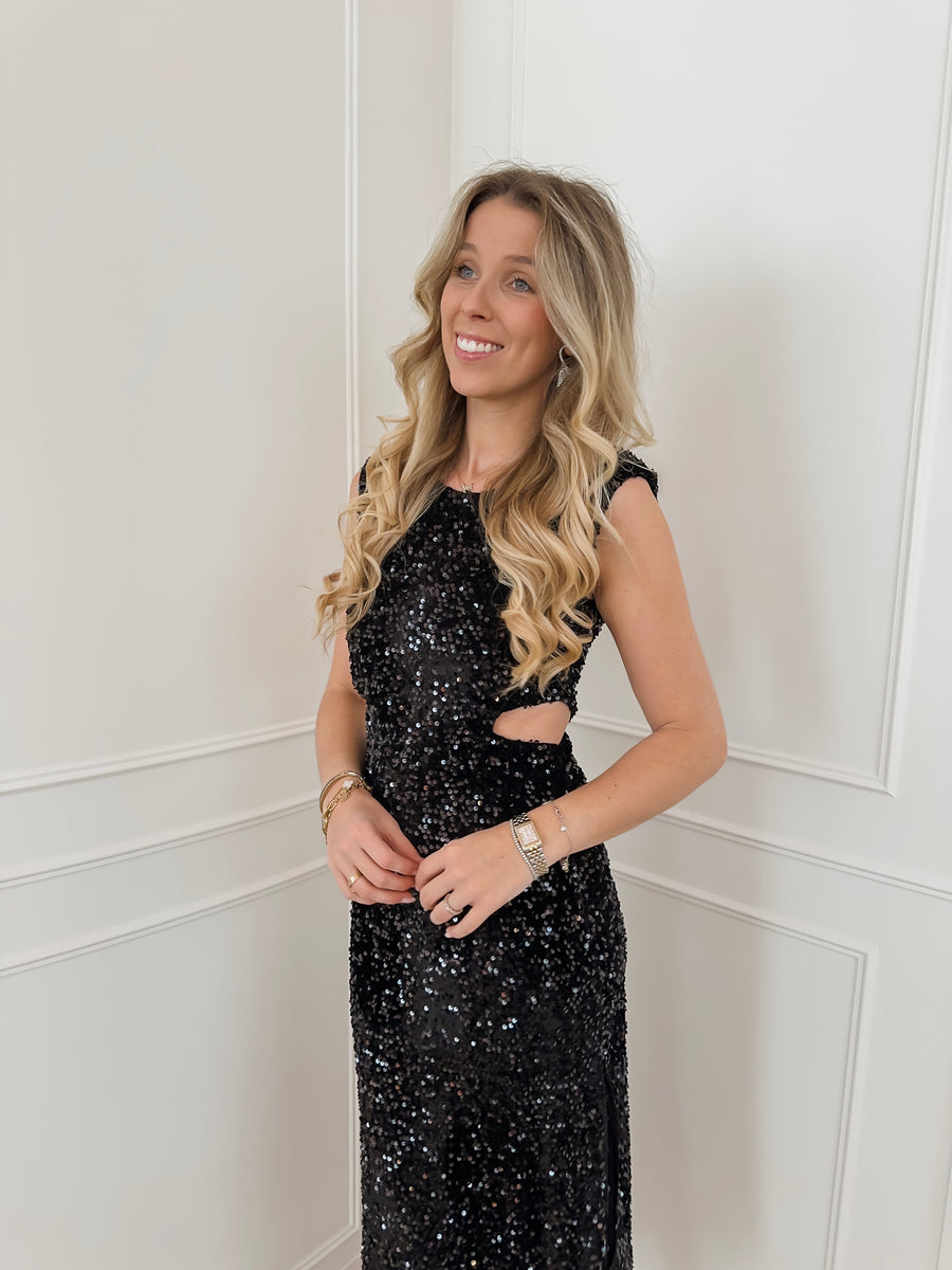 Black Sequin Cut Out Dress