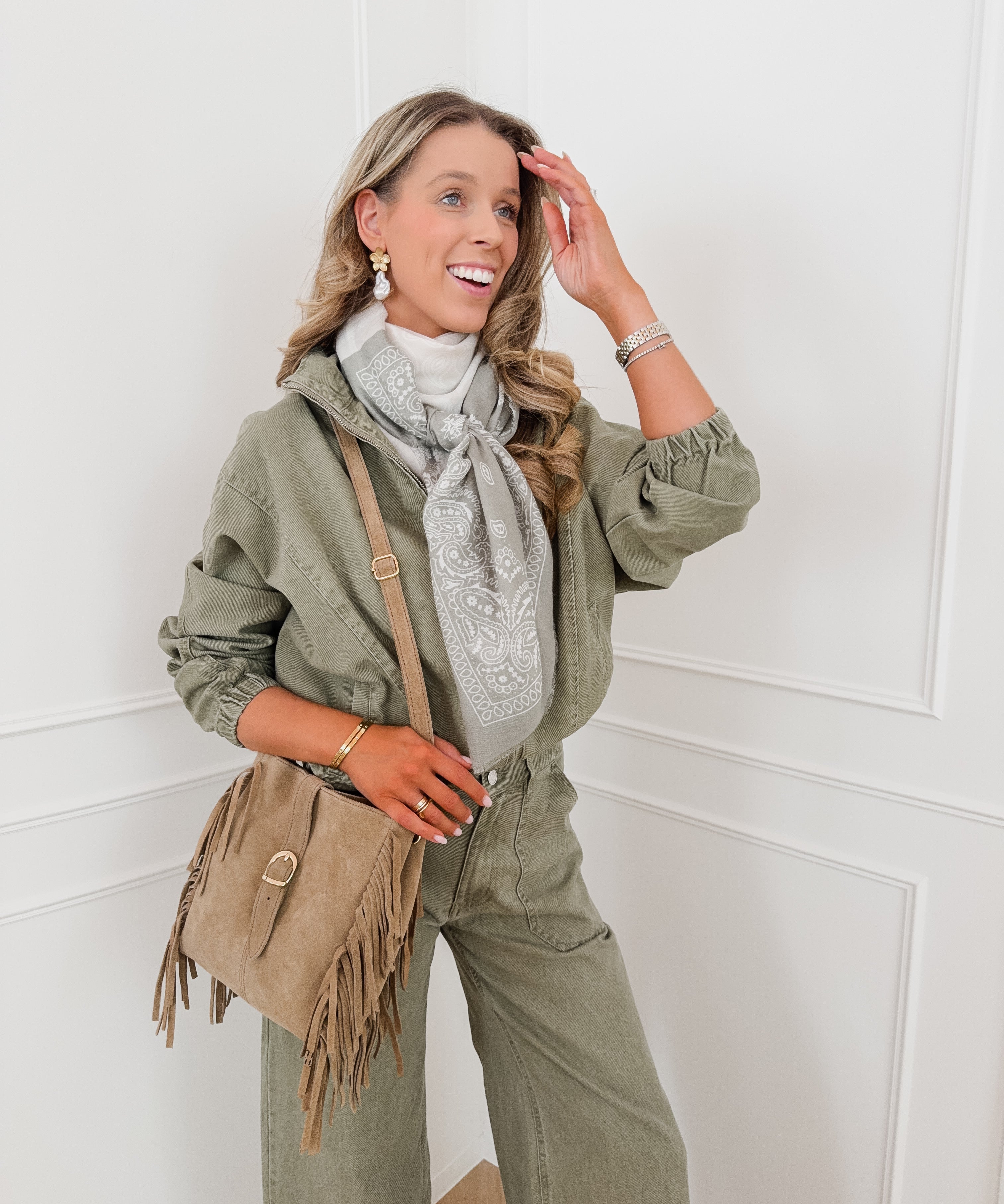Beige Suede Side Fringe Bag