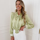 Green Satin Bow Blouse