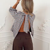 Navy Brown Vichy Open Back Kaylee Blouse