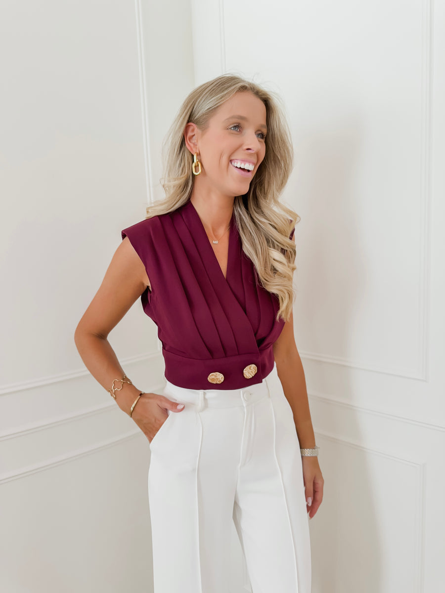 Bordeaux Cropped Golden Button Top