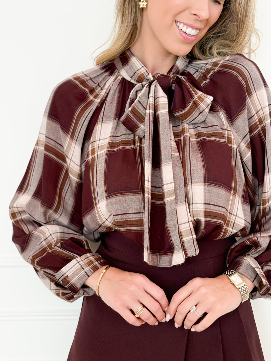 Brown Mora Plaid Bow Blouse