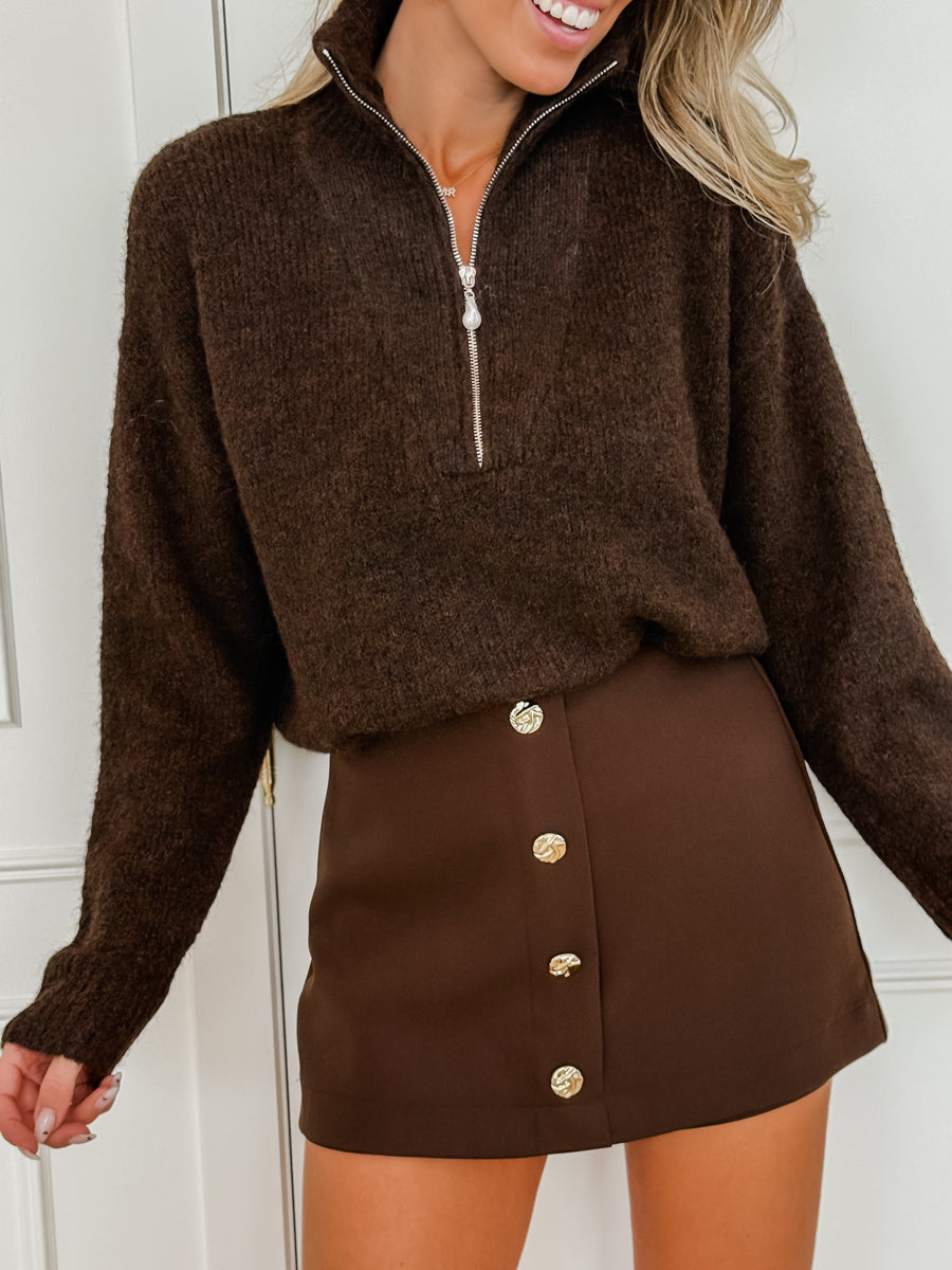 Dark Brown Pearl Zipper Sweater