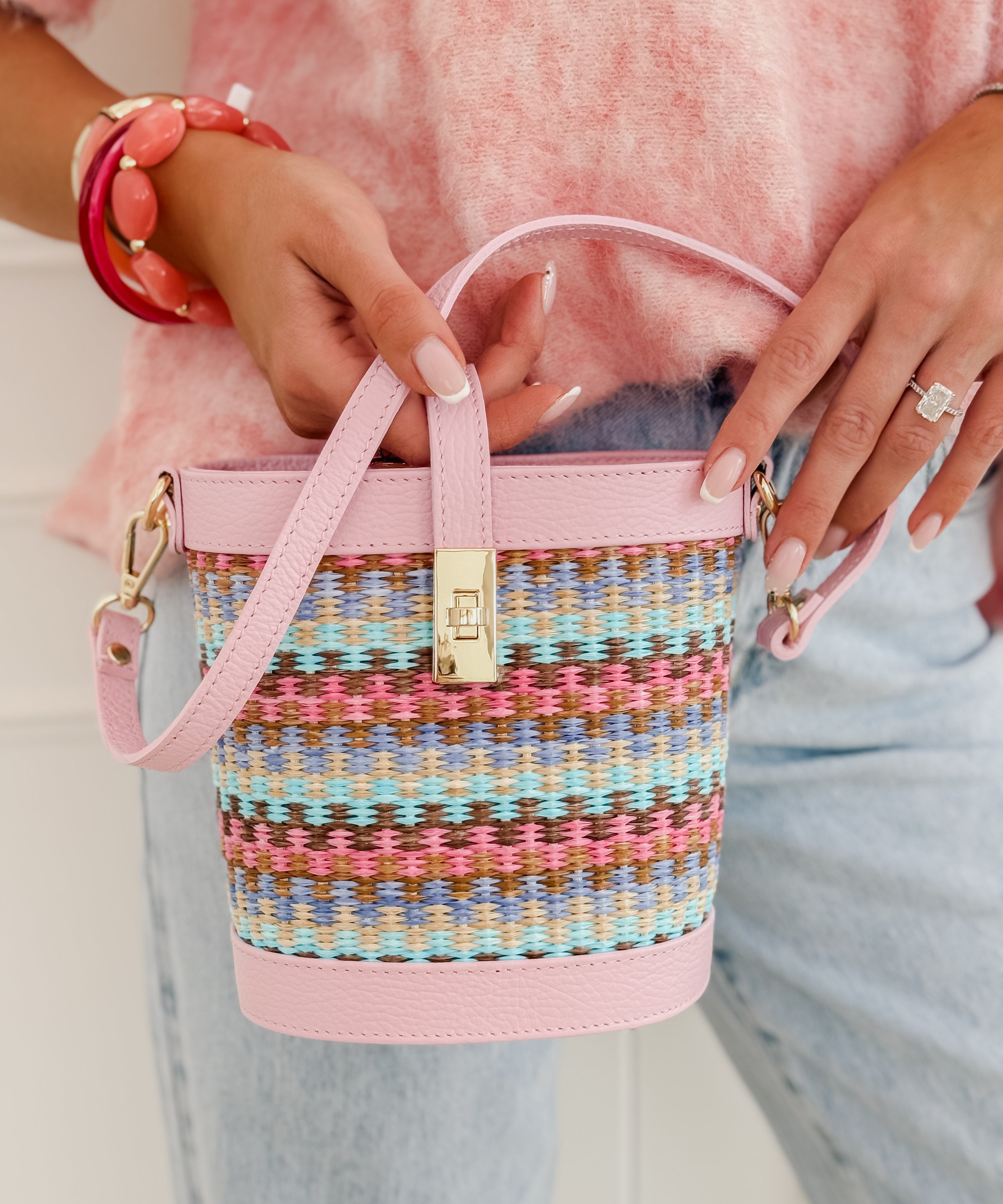Multicolor Pink Leather Bucket Bag