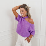 Purple One Off Shoulder Halterneck Sweater