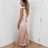 Pink Lace Long Halterneck Bow Dress
