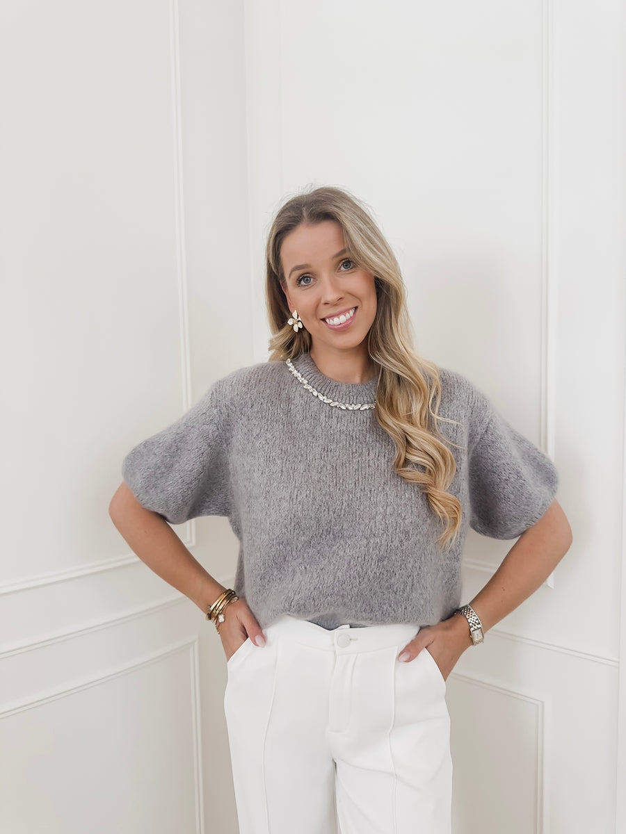 Grey Diamond Neckline (SHORT SLEEVE) Sweater