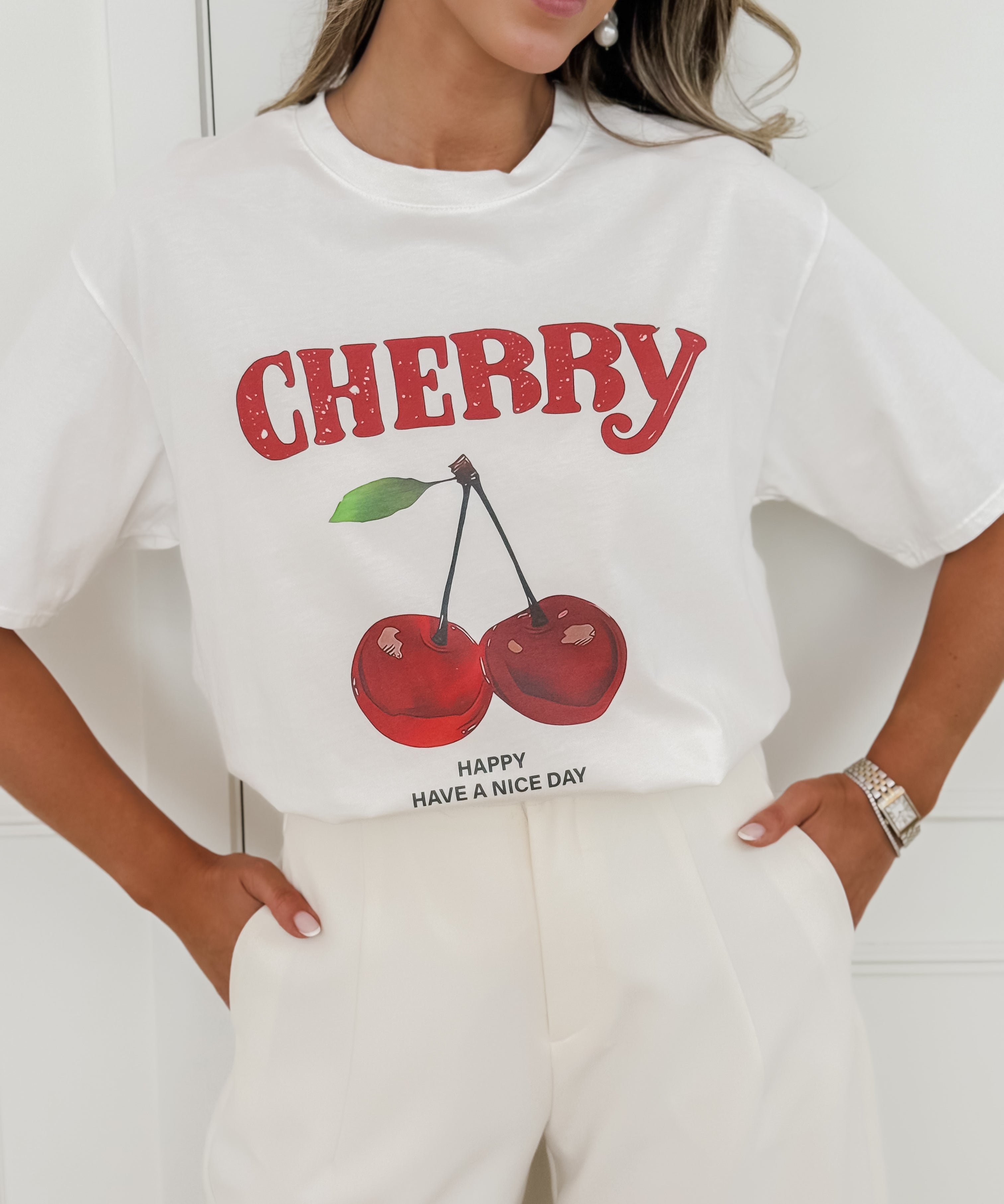White Cherry Print T-Shirt