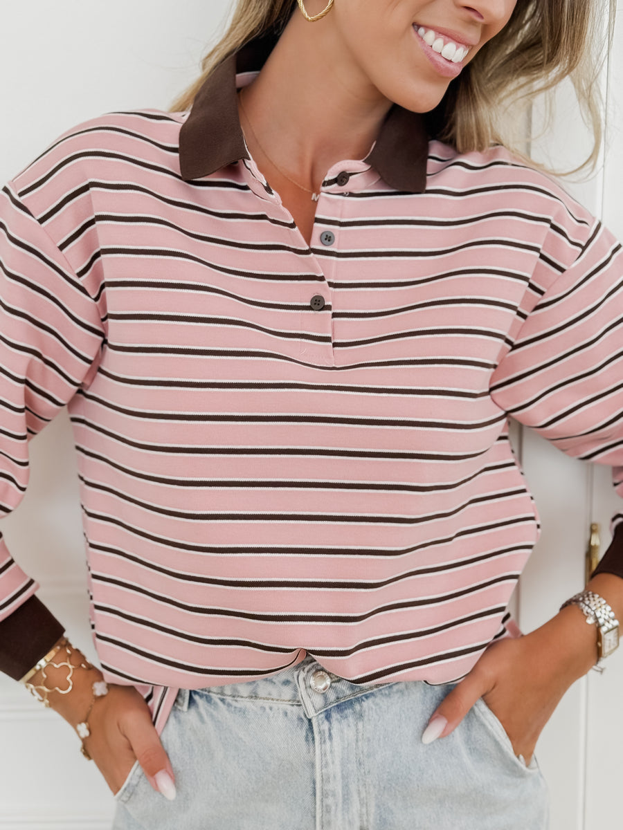 Pink Brown Striped Polo Sweater