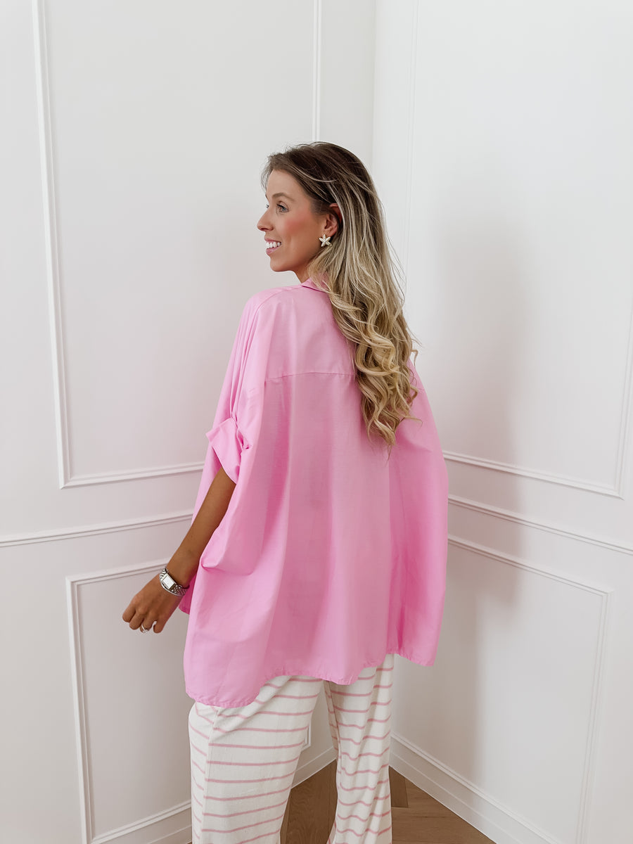 Pink Cotton Oversized Short Sleeve Blouse