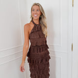 Brown Halterneck Crossed Back Dress