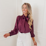 Dark Purple Satin Front Bow Blouse