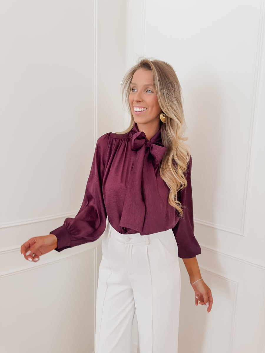 Dark Purple Satin Front Bow Blouse