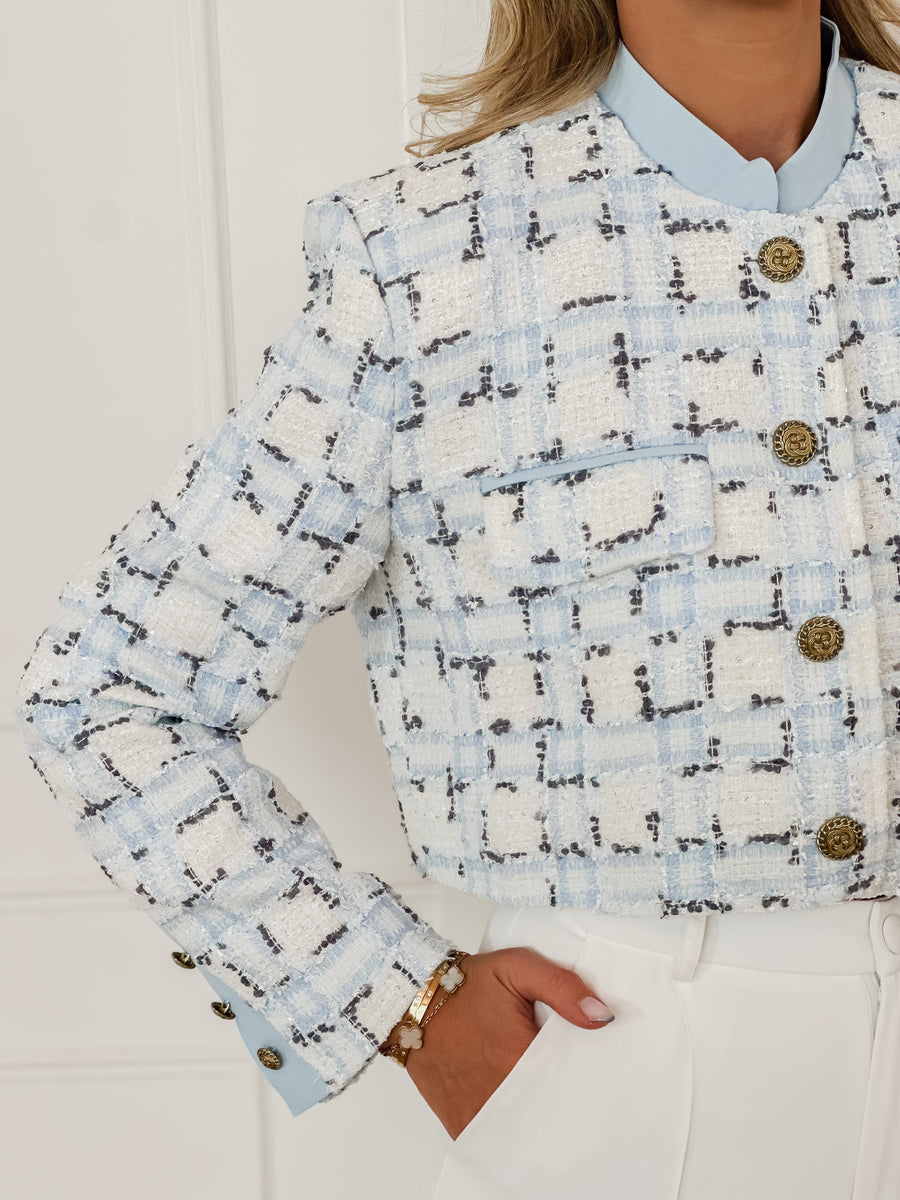 Light Blue Tweed Cropped Blazer
