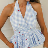 Blue Vichy Cherrie Halterneck Top