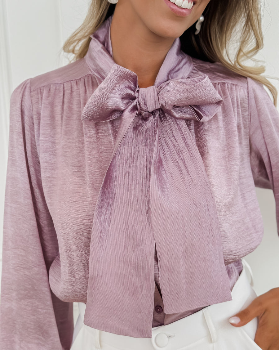 Light Purple Satin Front Bow Blouse