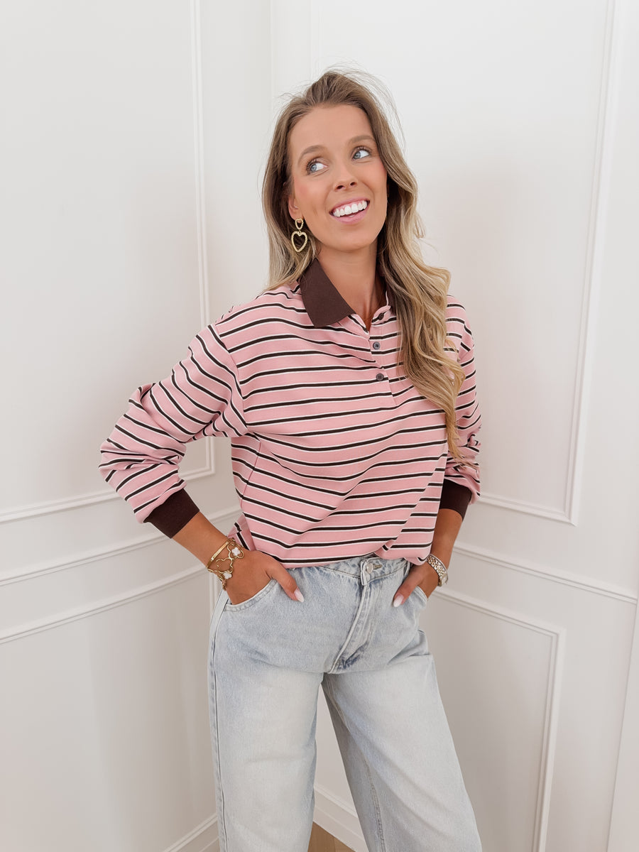 Pink Brown Striped Polo Sweater