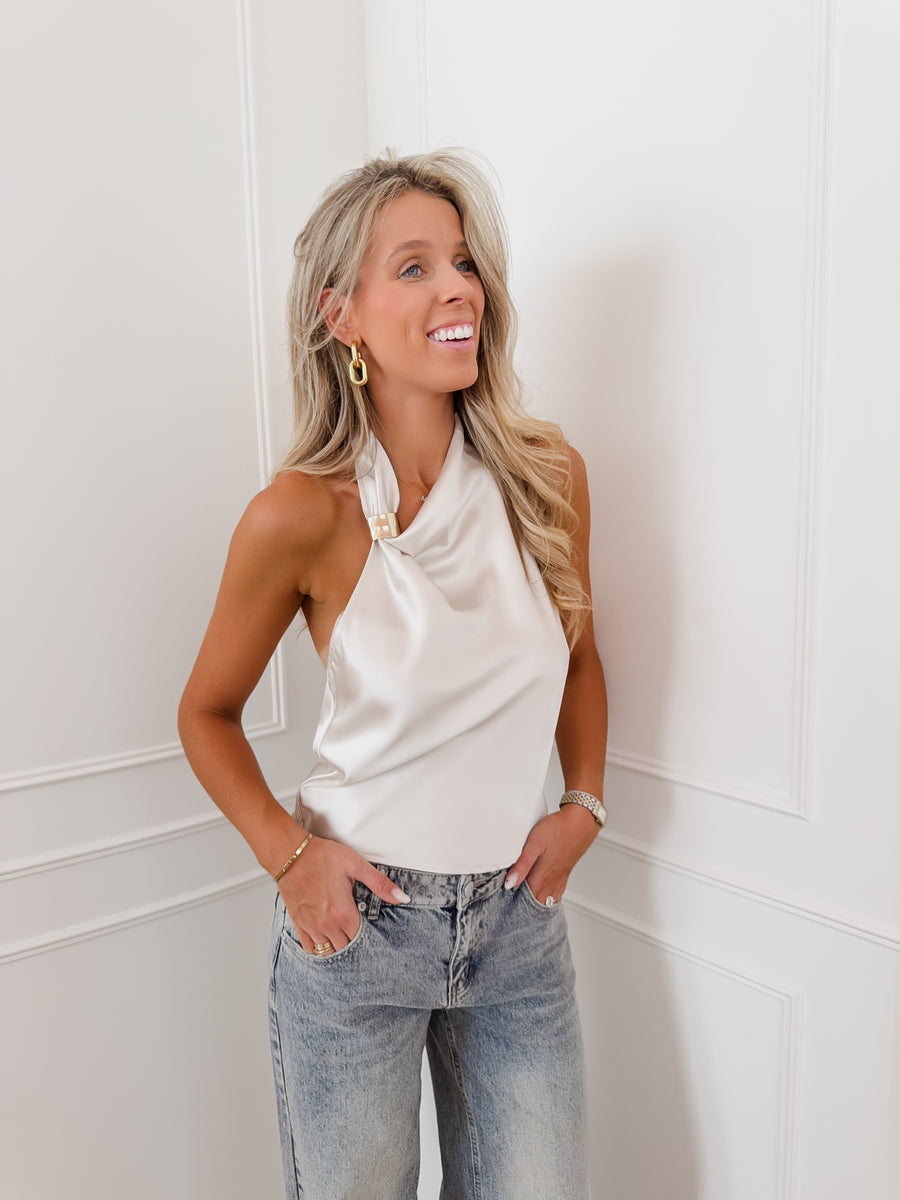 Ivory Satin Halterneck Top Golden Detail