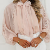 Light Pink Lace Detail Bow Blouse