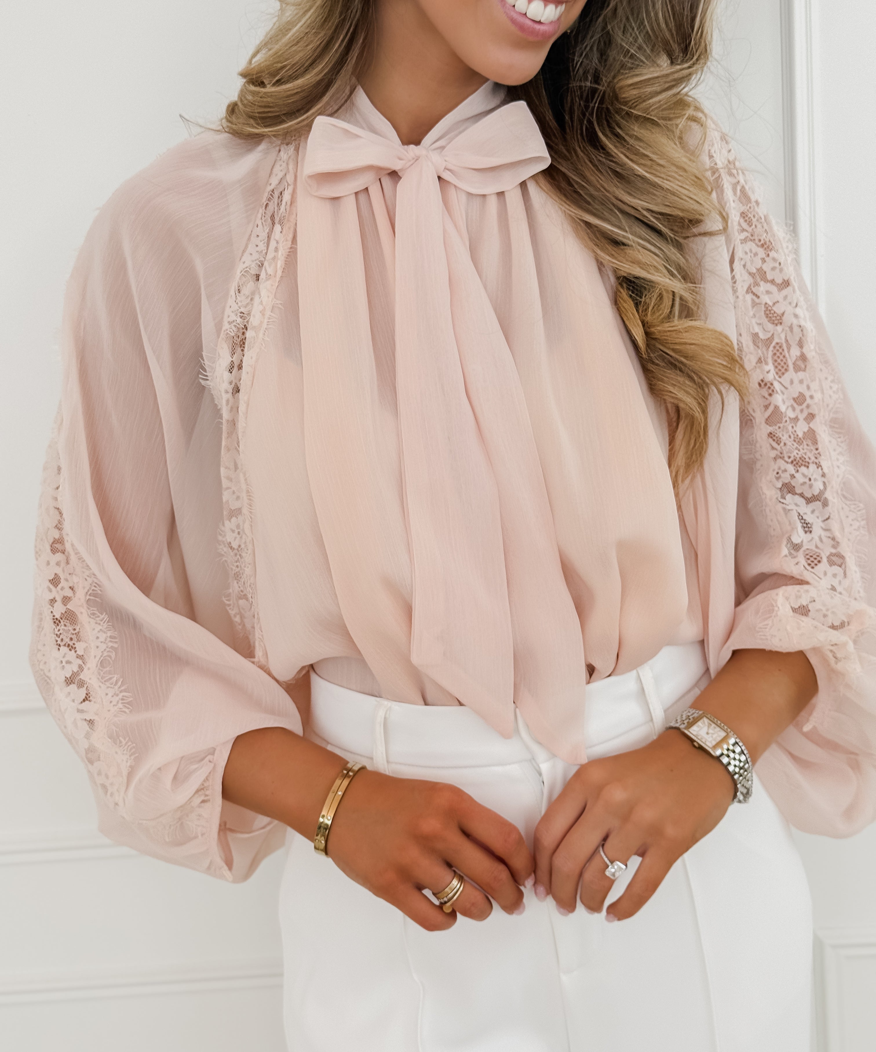 Light Pink Lace Detail Bow Blouse