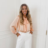 Peach Satin Bow Blouse
